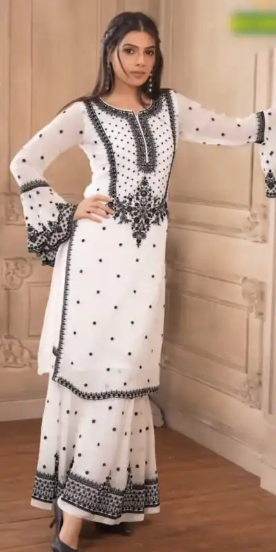 DC 111 White Fox Georgette Salwar Suit with Embroidery Work & Thread Embroidery. Available at ₹2449 only. Delivery 4-6 Working Days. Shop now. | Jump Suits, Salwar suit, Casual Suits, Creative suits, Designer Suits, Palazzo Suits, Party Wear Suits, Patiala Suits, Straight Suits