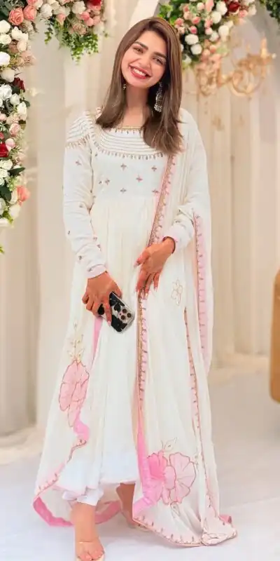 ZF 426 White Georgette Gown Perfect for Wedding, Party, Eid, Festival Celebrations, Haldi – . Introductory Price ₹1849. Delivery 4-6 Working Days. | Gowns, Bollywood Gowns, Creative Gowns, Designer Gowns, Embroidered Gowns, Party Wear Gowns