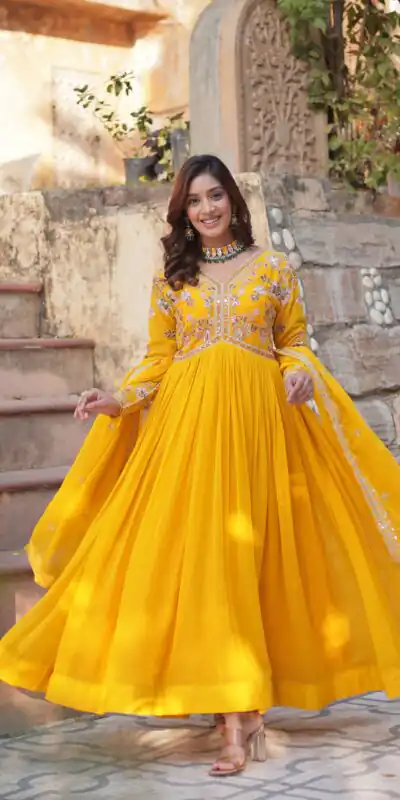 KA 1147 Yellow in Color Faux Blooming Embroidery Work & Zari Work Gown . Grab it for ₹2049. Delivery 4-6 Working Days. Shop now. | Gowns, Bollywood Gowns, Creative Gowns, Designer Gowns, Embroidered Gowns, Party Wear Gowns