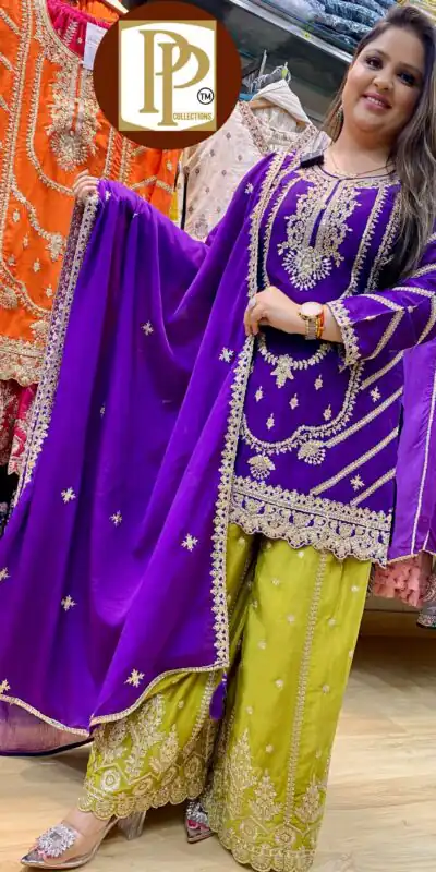 Purple Chinon Silk Embroider Lace Work Salwar Suit