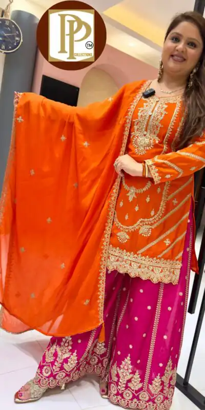 Orange Chinon Silk Embroider Lace Work Salwar Suit