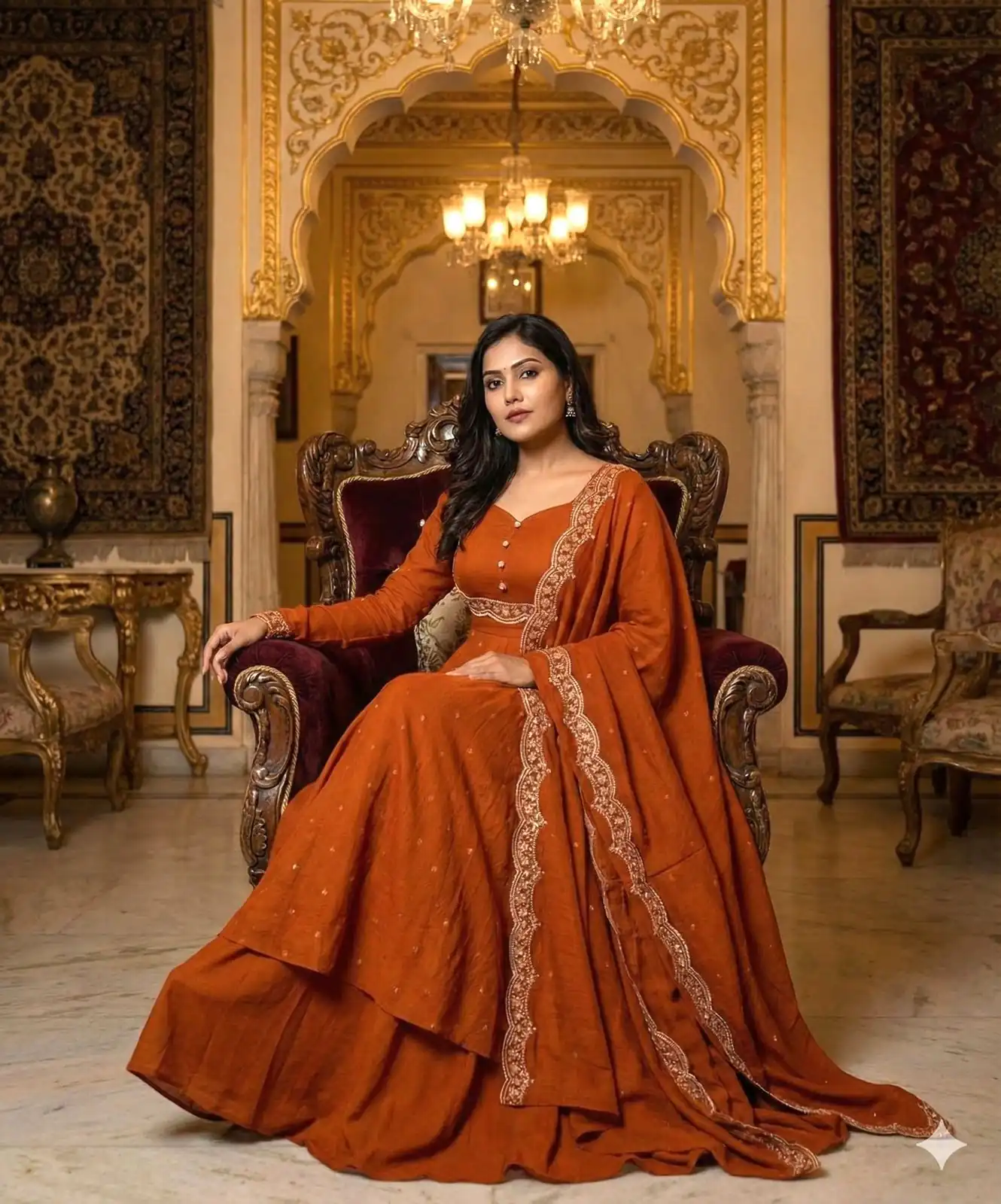 Rust Vichitra Silk Zari Embroidery Work Salwar Suit - Image 3