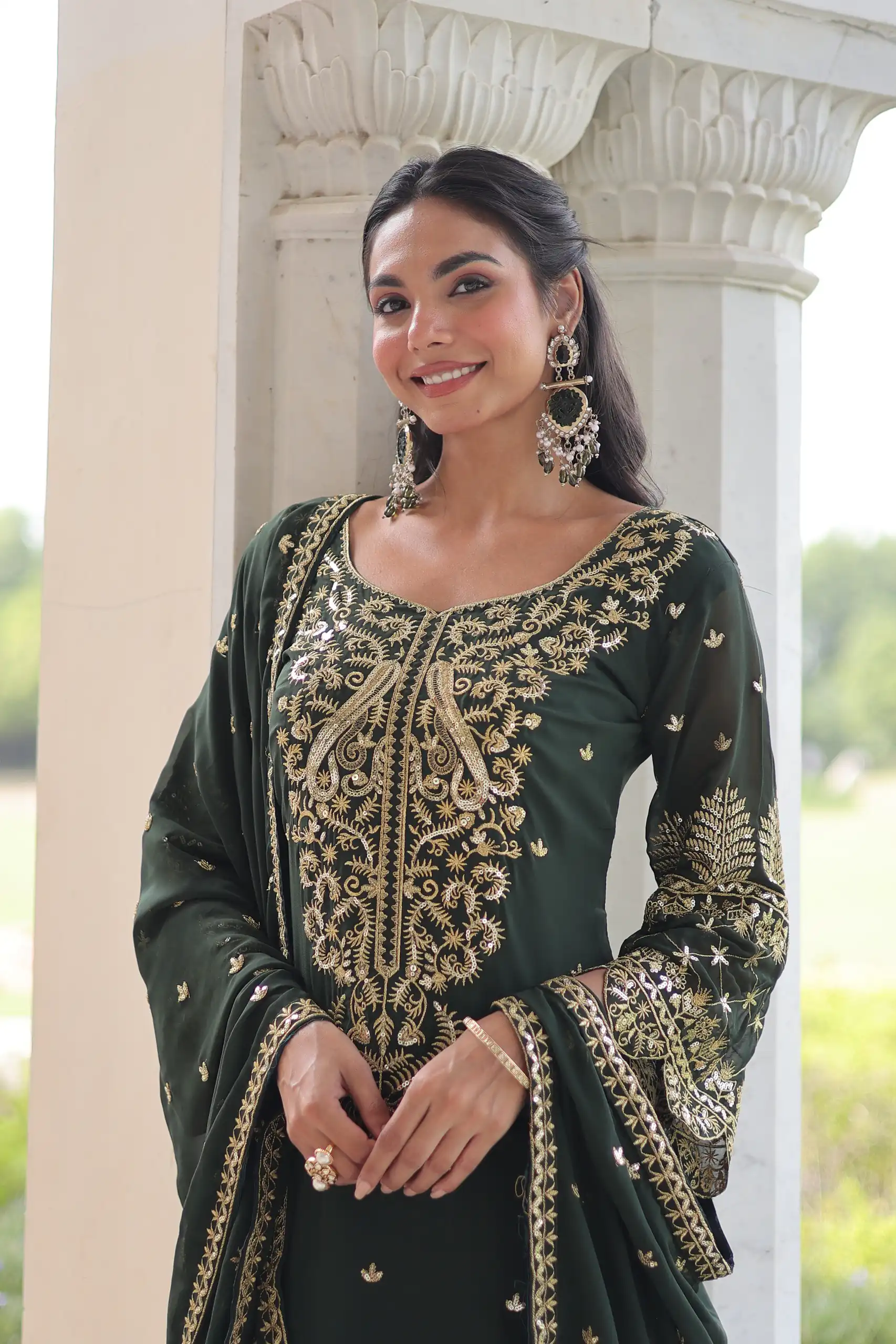 Green Faux Blooming Embroidered Work Salwar Suit - Image 2