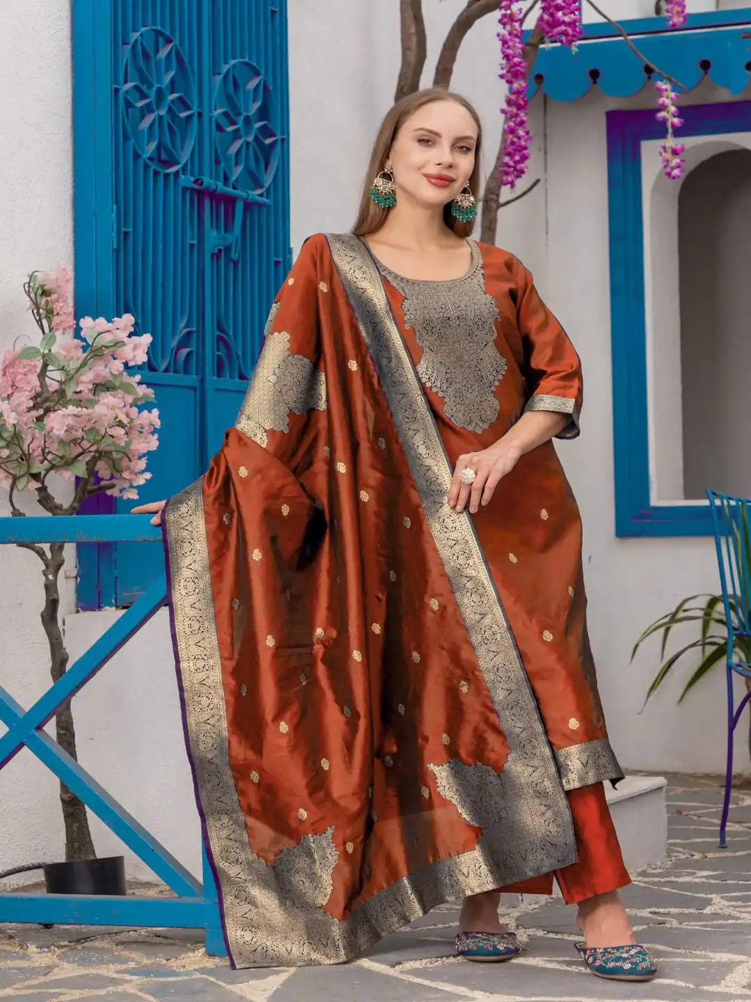 Rust Chanderi Jacquard Zari Work Salwar Suit