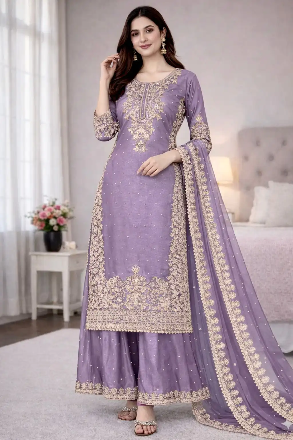 Lavender Organza Silk Embroidery Work Salwar Suit