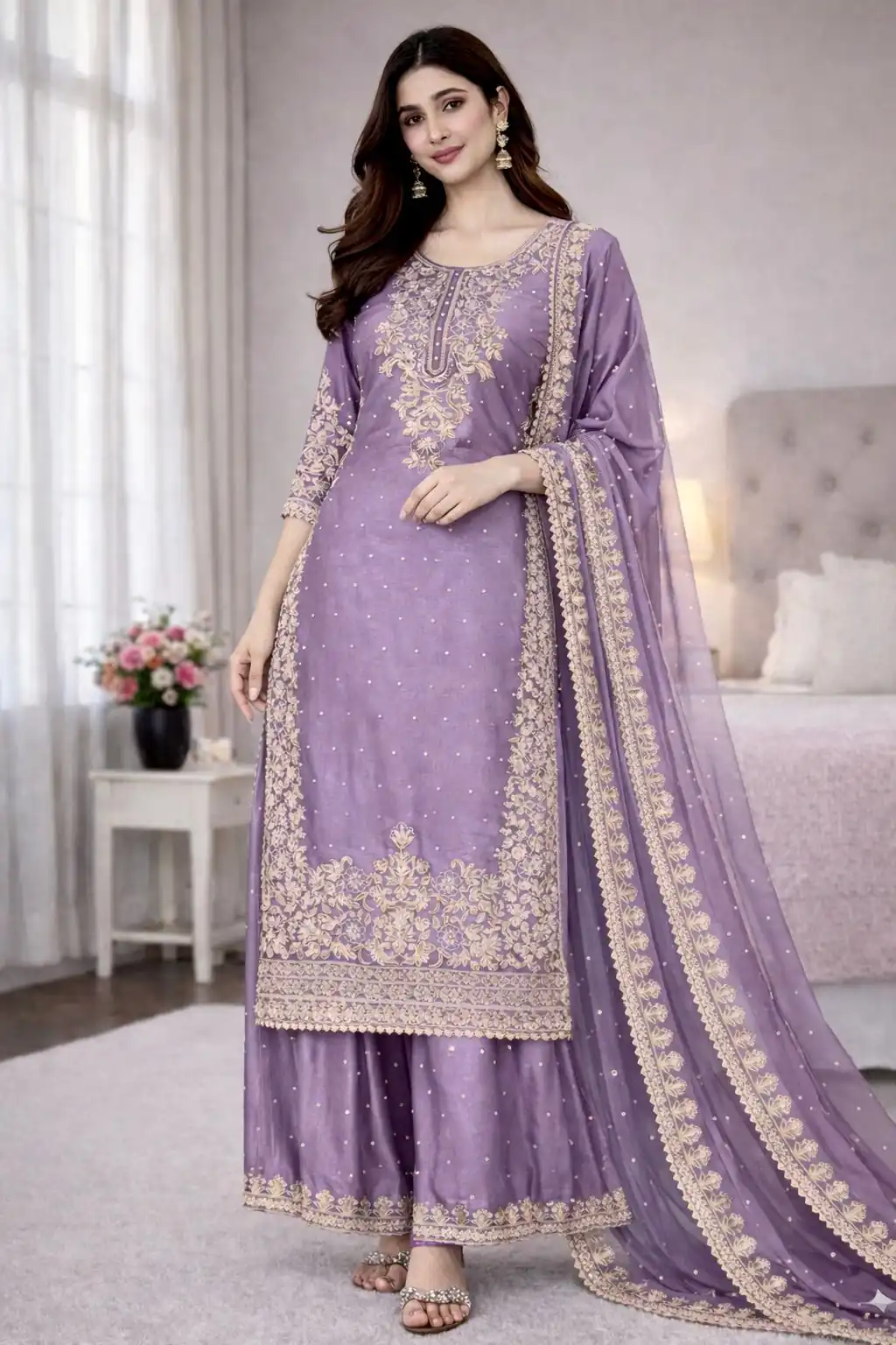 Lavender Organza Silk Embroidery Work Salwar Suit - Image 2