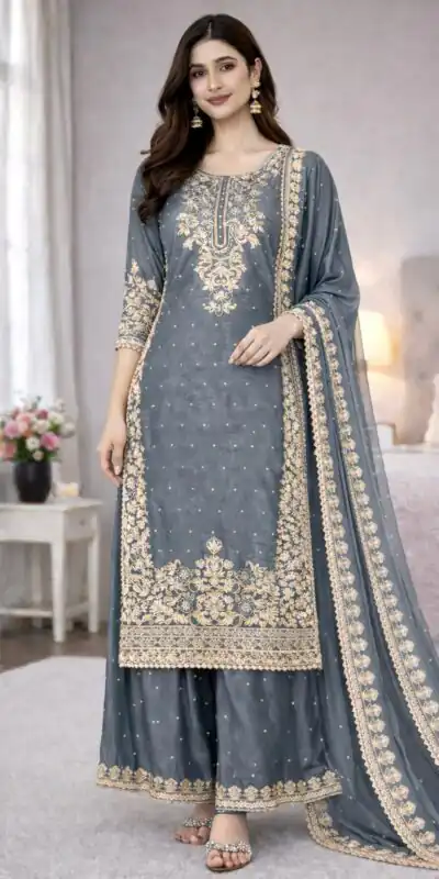 Grey Organza Silk Embroidery Work Salwar Suit