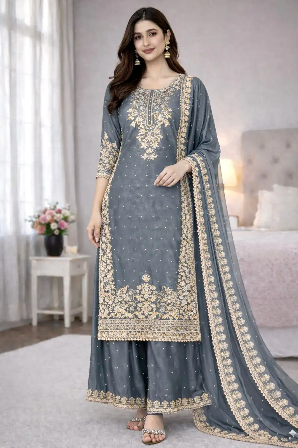 Grey Organza Silk Embroidery Work Salwar Suit