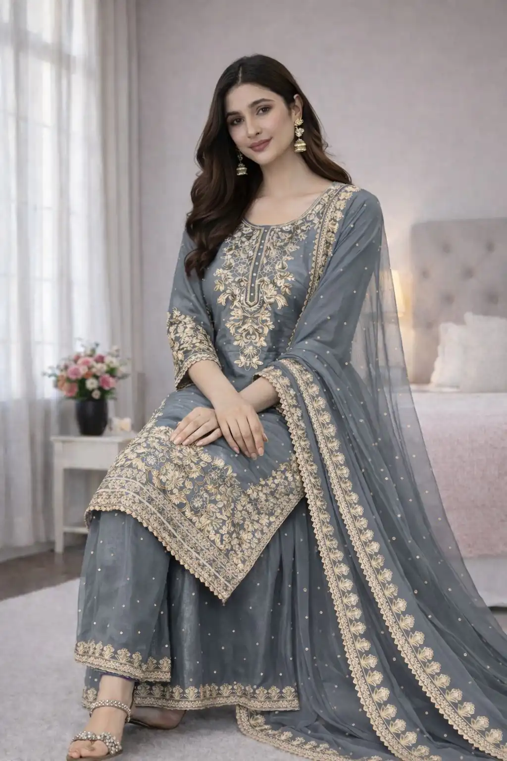 Grey Organza Silk Embroidery Work Salwar Suit - Image 3