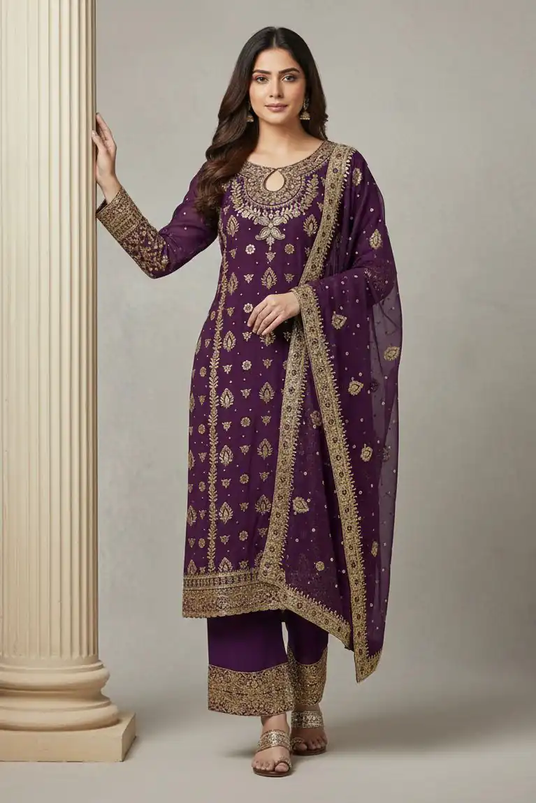 Wine Faux Georgette Sequence Work Salwar Suit