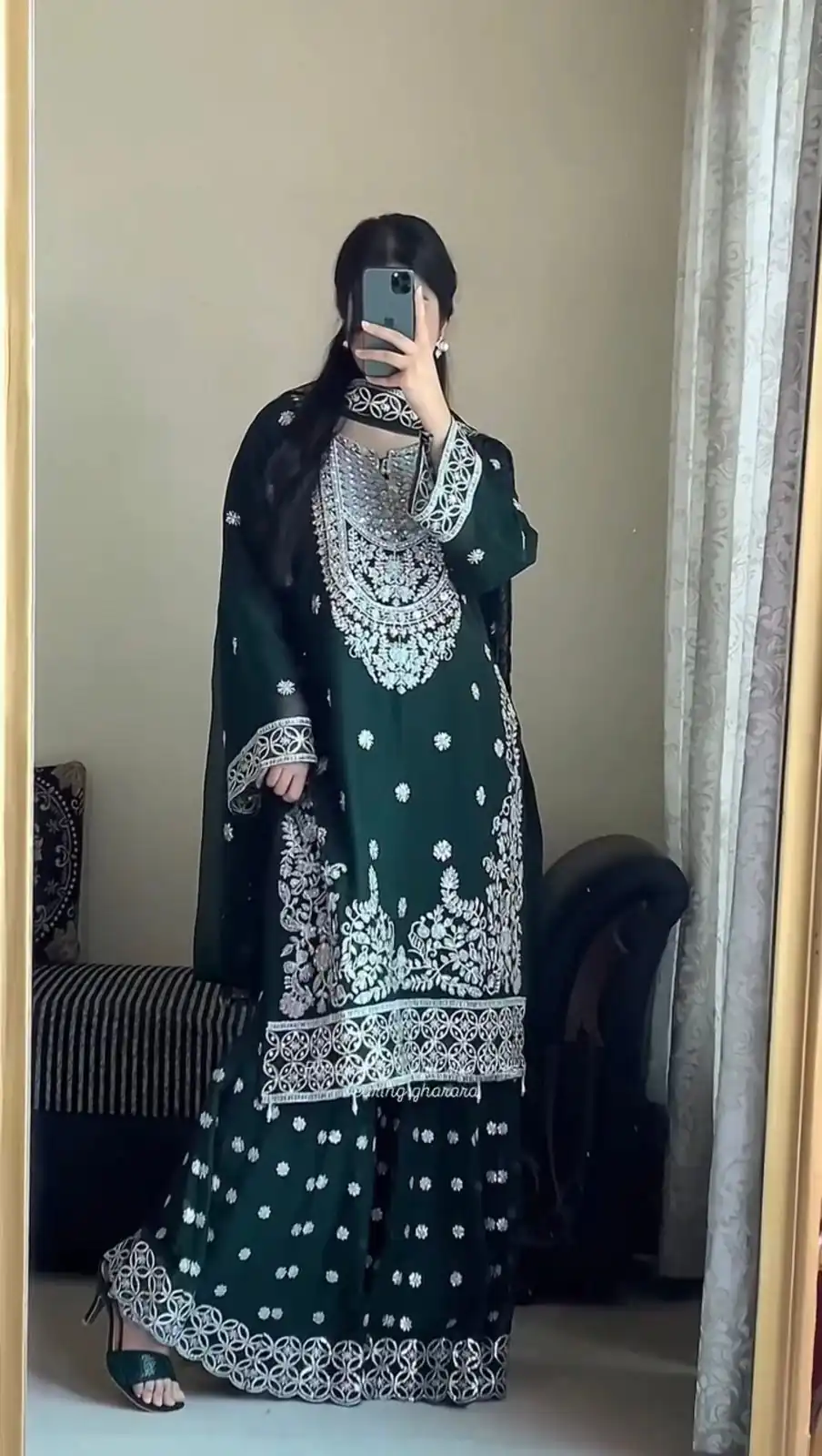 Green Faux Georgette Sequence Work Salwar Suit - Image 3