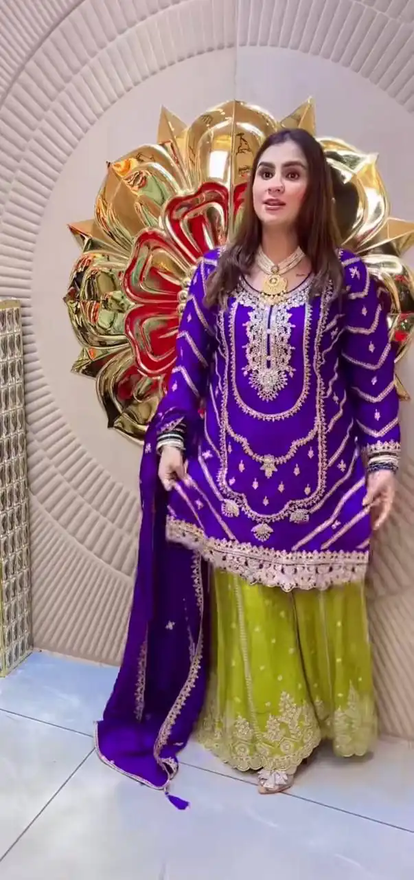 Purple Chinon Silk Embroider Lace Work Salwar Suit - Image 2