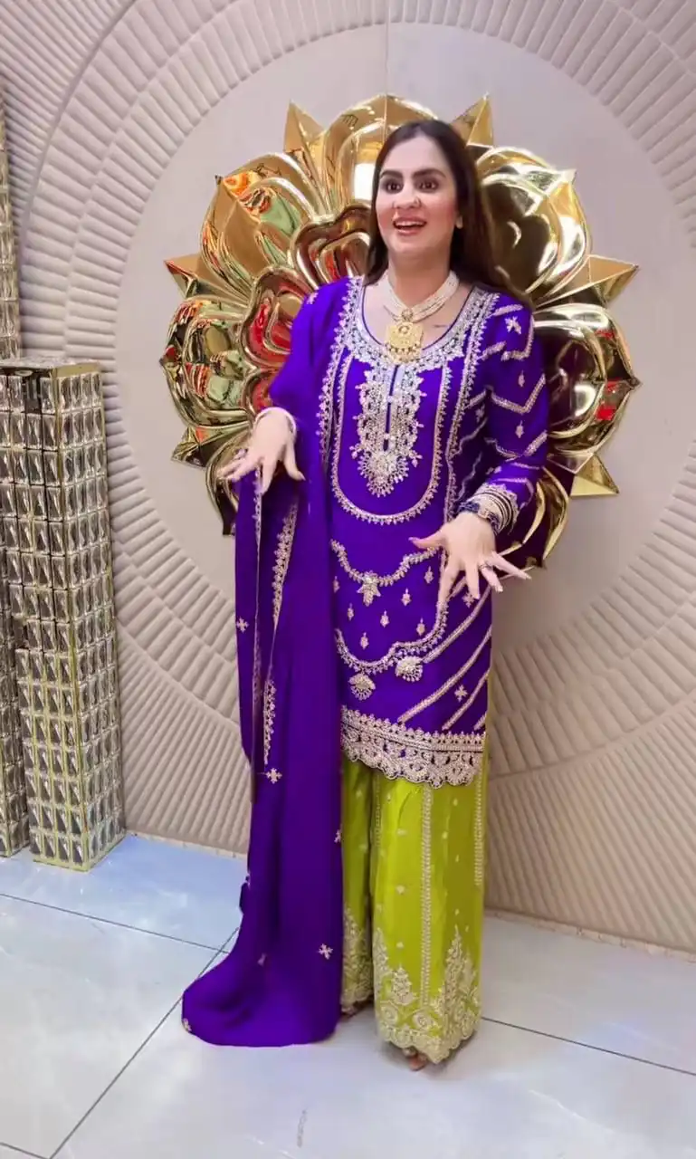 Purple Chinon Silk Embroider Lace Work Salwar Suit - Image 3