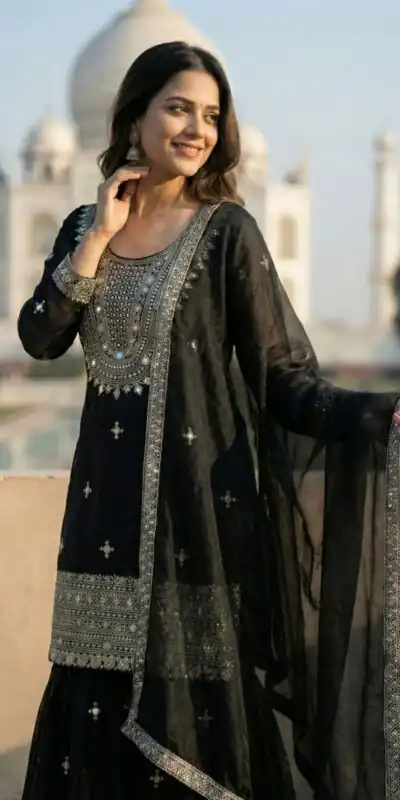 ₹2399 | ZSR 3160 Black Zimmy Silk Salwar Suit with Embroidery Work & Mirror Work. Grab it for ₹2399. Delivery 4-6 Working Days. Shop now. | Jump Suits, Salwar suit, Casual Suits, Creative suits, Designer Suits, Palazzo Suits, Party Wear Suits, Patiala Suits, Straight Suits