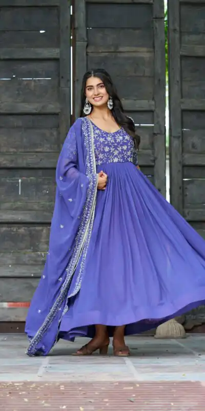 KA 1204 Blue Faux Blooming Gown with Sequins Work & Embroidery Work. Festive Deal ₹2449. Delivery 4-6 Working Days. Shop now. | Gowns, Bollywood Gowns, Creative Gowns, Designer Gowns, Embroidered Gowns, Party Wear Gowns