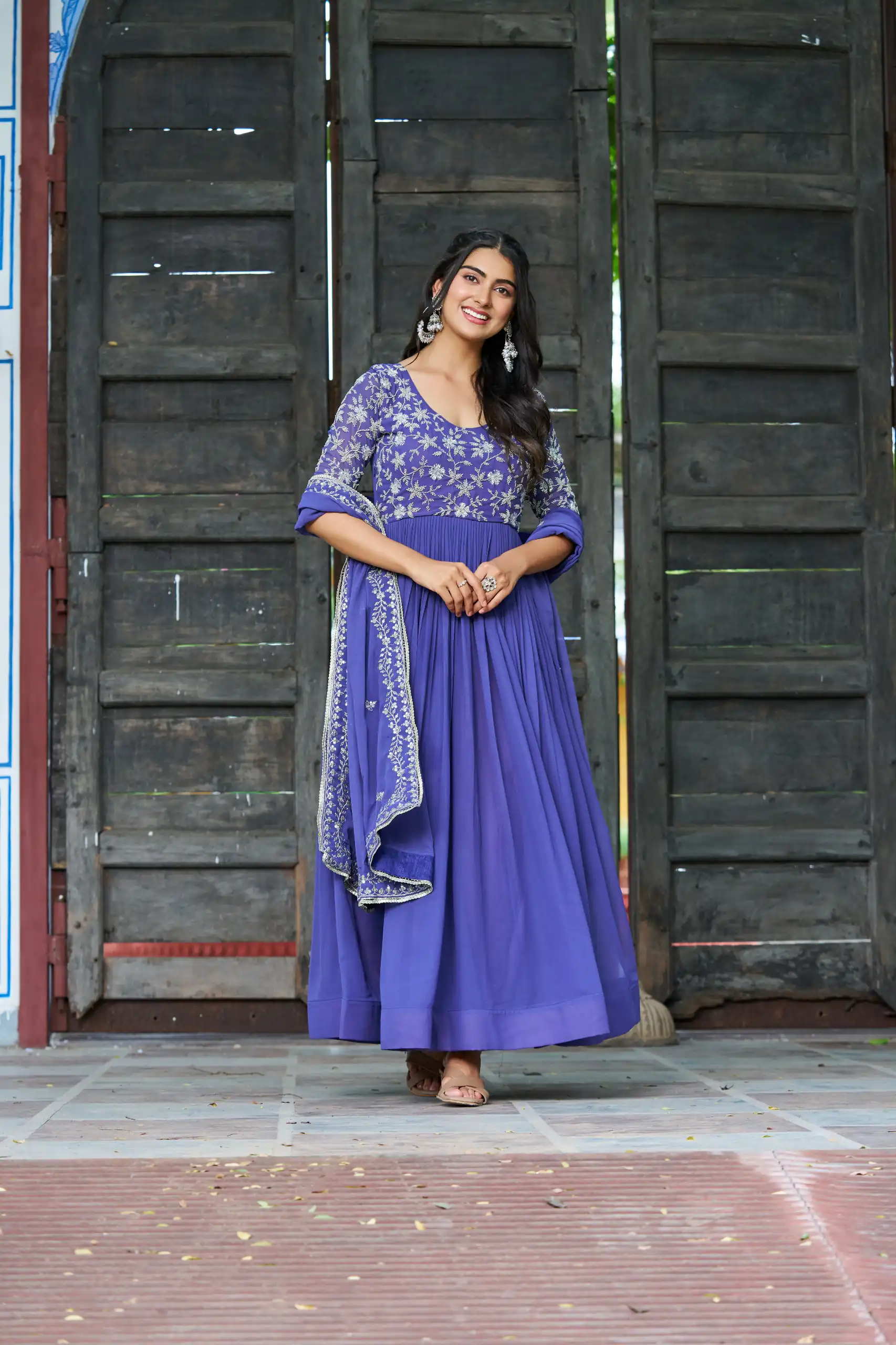 KA 1204 Blue Faux Blooming Gown with Sequins Work & Embroidery Work. Festive Deal ₹2449. Delivery 4-6 Working Days. Shop now. | Gowns, Bollywood Gowns, Creative Gowns, Designer Gowns, Embroidered Gowns, Party Wear Gowns