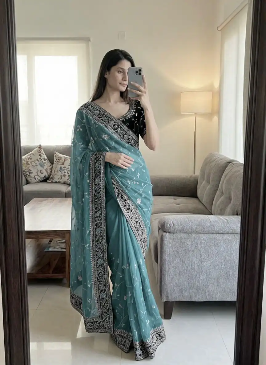 NC 5534 Blue Moss Silk Saree Perfect for Wedding, Party, Ganesh Chaturthi, Karwa Chauth, Haldi – . Introductory Price ₹2049. Delivery 4-6 Working Days. | Sarees, Bollywood Sarees, Creative Sarees, Designer Sarees, Embroidered Sarees, Ethnic Saree, Modern Digital sarees, Party Wear Sarees