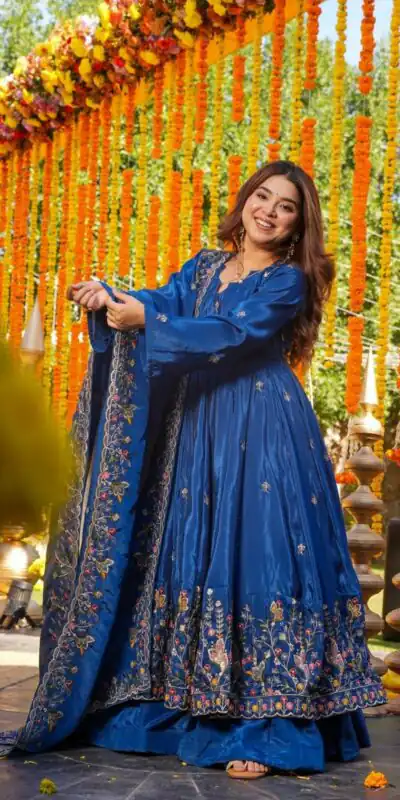 NF 1264 Blue Natural Crap Silk Anarkali Suit with Embroidery Work. Available at ₹3049 only. Delivery 4-6 Working Days. Shop now. | Anarkali Suits, Bollywood Anarkali, Creative-Anarkali, Designer Anarkali, Embroidered Anarkali, Party Wear Anarkali