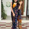 Blue Softy Silk Digital Print Lace Work Saree