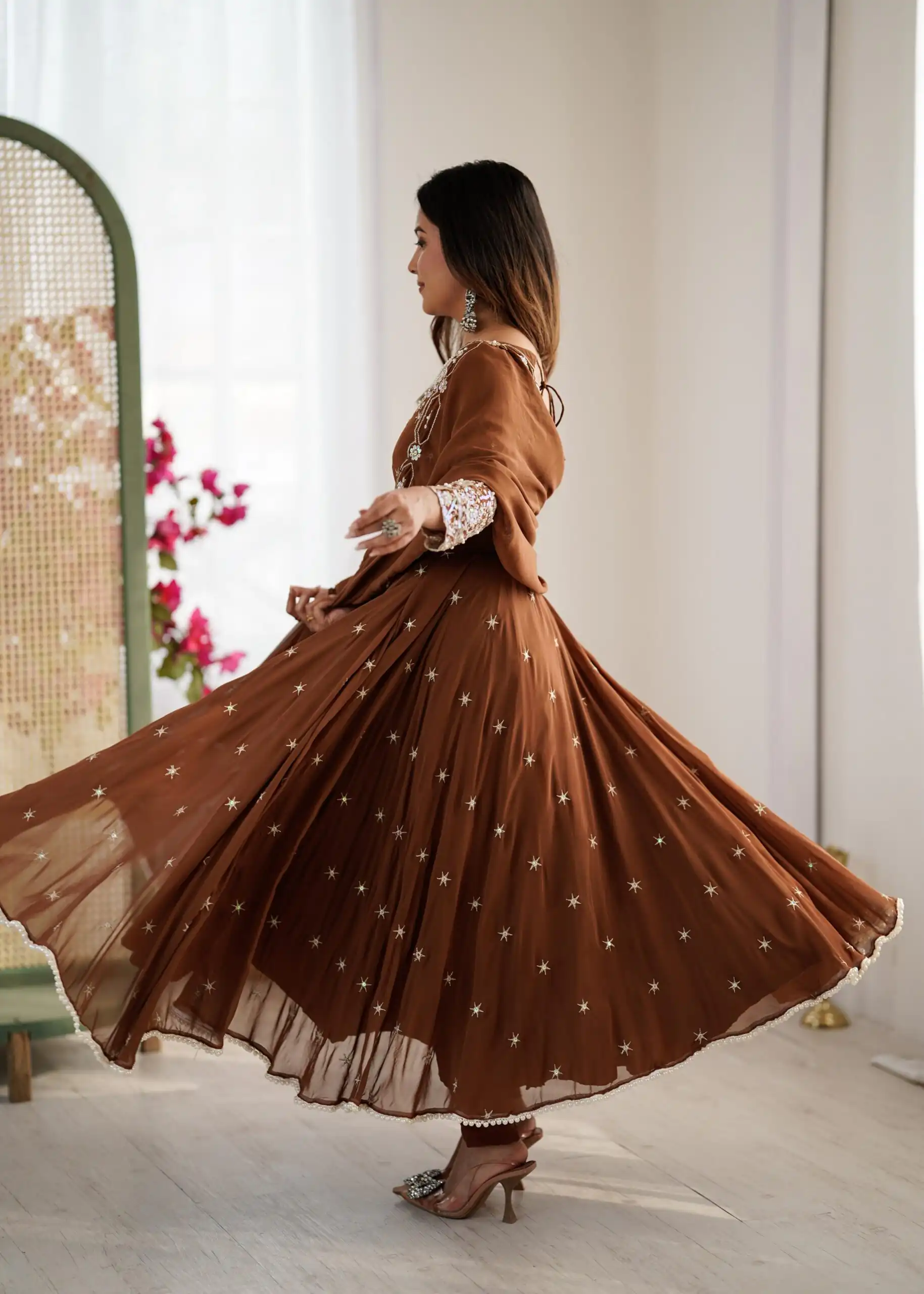 ZF 5012 Brown Blooming Faux Gown with Embroidery Work. Wedding, Party, Festive, Events Grab it for ₹2149. Delivery 4-6 Working Days. Shop now. | Lehenga, Bollywood Lehenga, Creative Lehenga, Designer Lehenga, Embroidered Lehenga, Party Wear Lehenga