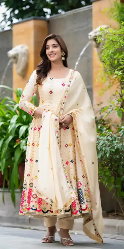 ₹2599 | NF 1234 Cream Chinon Silk Anarkali Suit with Cut Work & Embroidery Work. Now at just ₹2599. Delivery 4-6 Working Days. Shop now. | Anarkali Suits, Bollywood Anarkali, Creative-Anarkali, Designer Anarkali, Embroidered Anarkali, Party Wear Anarkali