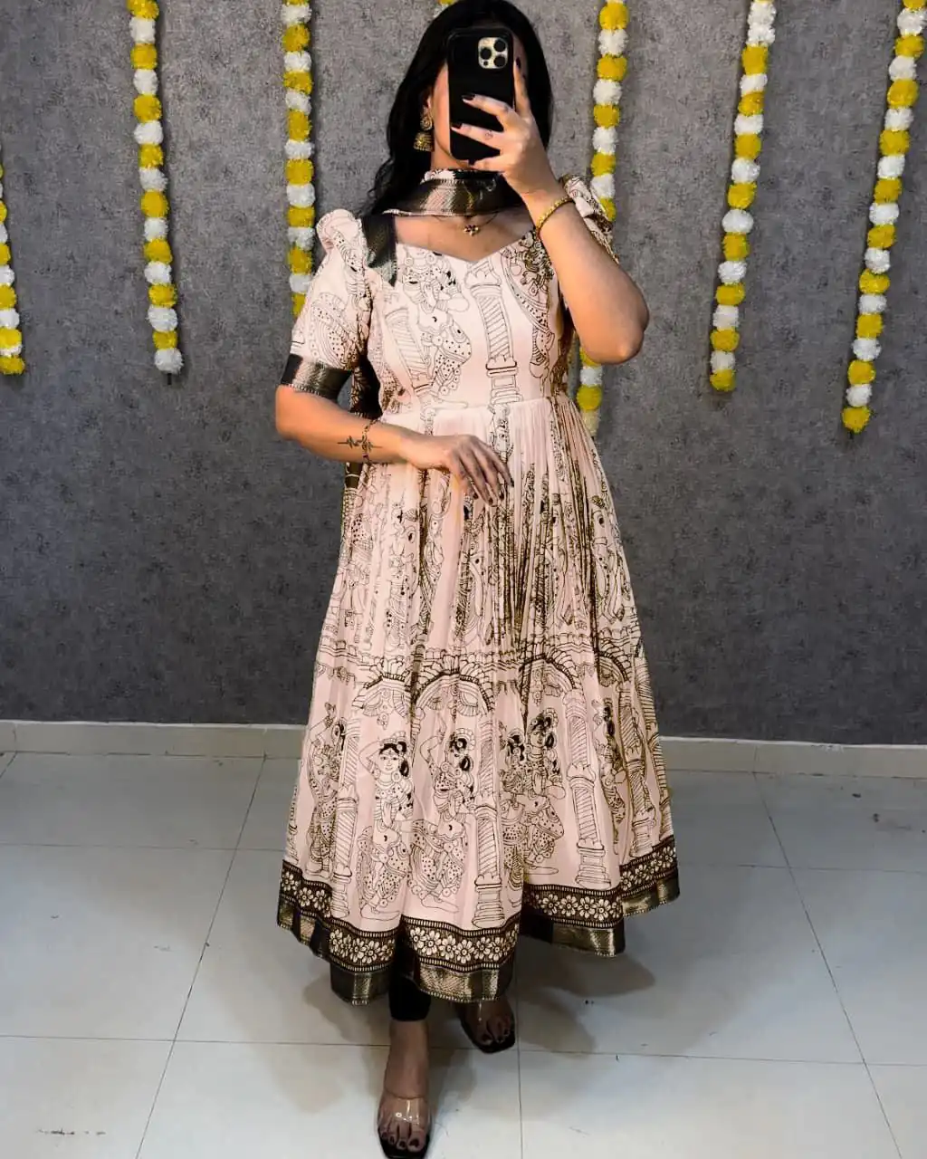 ₹1499 | MF 666 Cream Malai Satin Gown with Digital Print & Kalamkari Print. Now at just ₹1499. Delivery 4-6 Working Days. Shop now. | Gowns, Bollywood Gowns, Creative Gowns, Designer Gowns, Embroidered Gowns, Party Wear Gowns