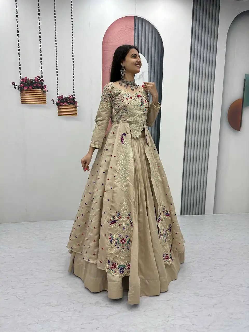 PC 528 Cream Color Vichitra Sequence Work Lehenga Choli Designer Work. Grab it for ₹2649. Delivery 4-6 Working Days. Shop now. | Lehenga, Bollywood Lehenga, Creative Lehenga, Designer Lehenga, Embroidered Lehenga, Party Wear Lehenga