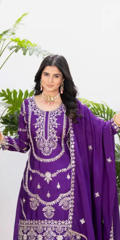 ₹2149 | ND 5033 Dark Purple Chinon Silk Salwar Suit with Embroidery Work & Lace Work. Affordable Price ₹2149. Delivery 4-6 Working Days. Shop now. | Jump Suits, Salwar suit, Casual Suits, Creative suits, Designer Suits, Palazzo Suits, Party Wear Suits, Patiala Suits, Straight Suits