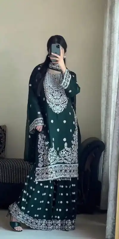 KD 1561 Green Faux Georgette Salwar Suit Perfect for Wedding, Party, Holi, Haldi, Sangeet – . Best Price ₹2399. Delivery 4-6 Working Days. Shop now. | Jump Suits, Salwar suit, Casual Suits, Creative suits, Designer Suits, Palazzo Suits, Party Wear Suits, Patiala Suits, Straight Suits