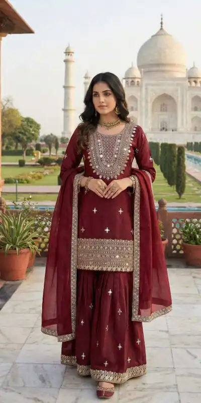 ₹2399 | ZSR 3160 Maroon Zimmy Silk Salwar Suit with Embroidery Work & Mirror Work. Grab it for ₹2399. Delivery 4-6 Working Days. Shop now. | Jump Suits, Salwar suit, Casual Suits, Creative suits, Designer Suits, Palazzo Suits, Party Wear Suits, Patiala Suits, Straight Suits