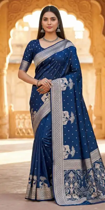 ₹1899 | MB 25 GAJRAJ Navy Blue in Pure Banarasi Silk Zari Work & Lace Work Saree . Introductory Price ₹1899. Delivery 4-6 Working Days. Shop now. | Sarees, Bollywood Sarees, Creative Sarees, Designer Sarees, Embroidered Sarees, Ethnic Saree, Modern Digital sarees, Party Wear Sarees