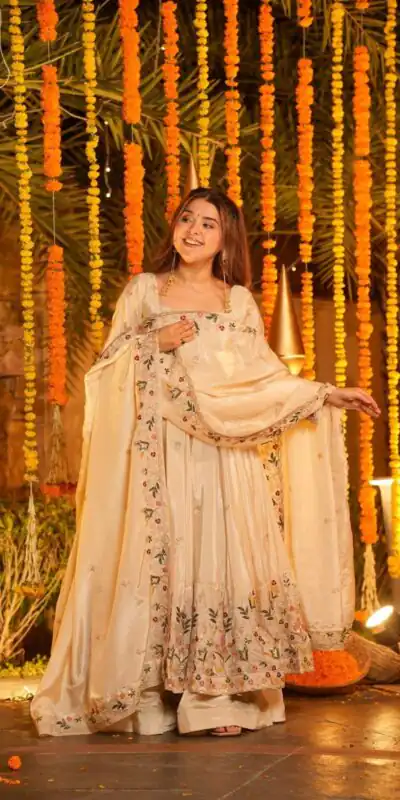 NF 1264 Off White Natural Crap Silk Anarkali Suit with Embroidery Work. Available at ₹3049 only. Delivery 4-6 Working Days. Shop now. | Anarkali Suits, Bollywood Anarkali, Creative-Anarkali, Designer Anarkali, Embroidered Anarkali, Party Wear Anarkali
