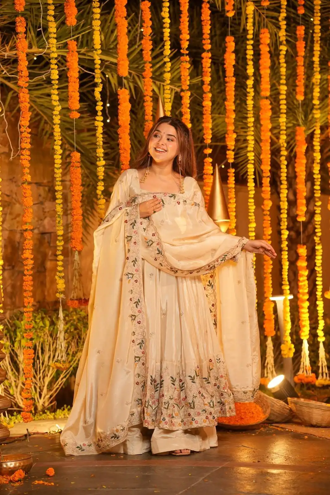 NF 1264 Off White Natural Crap Silk Anarkali Suit with Embroidery Work. Available at ₹3049 only. Delivery 4-6 Working Days. Shop now. | Anarkali Suits, Bollywood Anarkali, Creative-Anarkali, Designer Anarkali, Embroidered Anarkali, Party Wear Anarkali