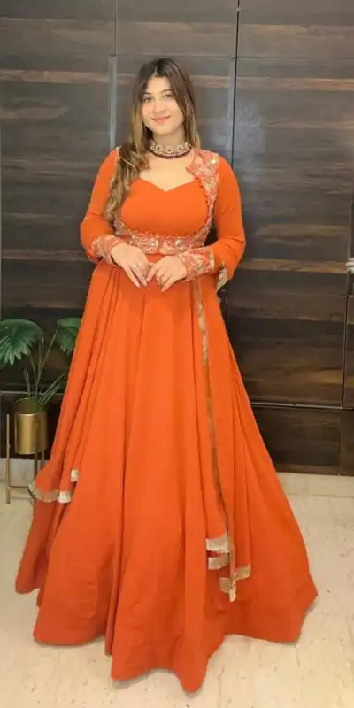 ₹2449 | MF 496 Orange Faux Georgette Salwar Suit with Lace Work & Embroidery Work. Special Price ₹2449. Delivery 4-6 Working Days. Shop now. | Jump Suits, Salwar suit, Casual Suits, Creative suits, Designer Suits, Palazzo Suits, Party Wear Suits, Patiala Suits, Straight Suits