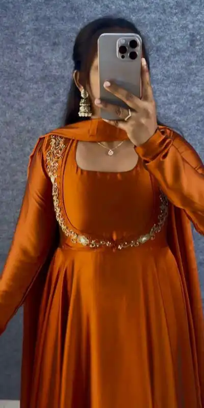 ₹1649 | MF 888 Orange Rangoli Silk Gown with Lace Border & Lace Work. Available at ₹1649 only. Delivery 4-6 Working Days. Shop now. | Gowns, Bollywood Gowns, Creative Gowns, Designer Gowns, Embroidered Gowns, Party Wear Gowns