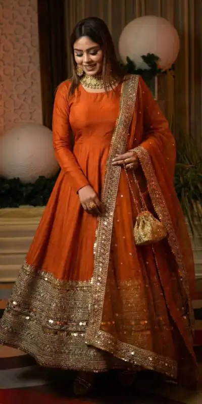 ₹2599 | ZSR 3152 Orange Color Roman silk Gown with Embroidery Work & Lace Work. Grab it for ₹2599. Delivery 4-6 Working Days. Shop now. | Gowns, Bollywood Gowns, Creative Gowns, Designer Gowns, Embroidered Gowns, Party Wear Gowns