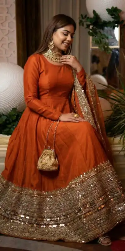 ₹2599 | ZSR 3152 Orange Color Roman silk Gown with Embroidery Work & Lace Work. Grab it for ₹2599. Delivery 4-6 Working Days. Shop now. | Gowns, Bollywood Gowns, Creative Gowns, Designer Gowns, Embroidered Gowns, Party Wear Gowns