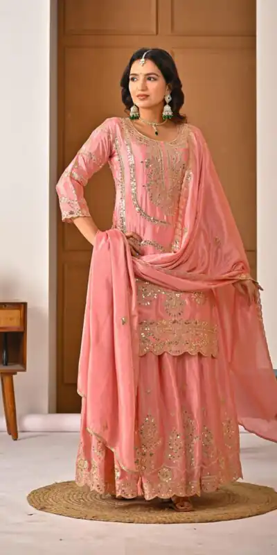₹2149 | ND 5033 Peach Chinon Silk Salwar Suit with Embroidery Work & Lace Work. Affordable Price ₹2149. Delivery 4-6 Working Days. Shop now. | Jump Suits, Salwar suit, Casual Suits, Creative suits, Designer Suits, Palazzo Suits, Party Wear Suits, Patiala Suits, Straight Suits