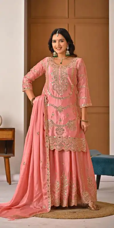 ₹2149 | ND 5033 Peach Chinon Silk Salwar Suit with Embroidery Work & Lace Work. Affordable Price ₹2149. Delivery 4-6 Working Days. Shop now. | Jump Suits, Salwar suit, Casual Suits, Creative suits, Designer Suits, Palazzo Suits, Party Wear Suits, Patiala Suits, Straight Suits
