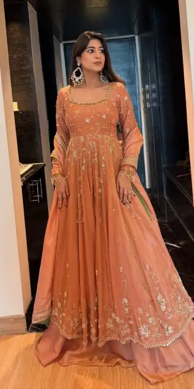 ₹2549 | KD 1573 Peach Color Chinon Silk Sequence Lace Work Gown. Online Affordable Price ₹2549. Delivery 4-6 Working Days. Shop now. | Gowns, Bollywood Gowns, Creative Gowns, Designer Gowns, Embroidered Gowns, Party Wear Gowns