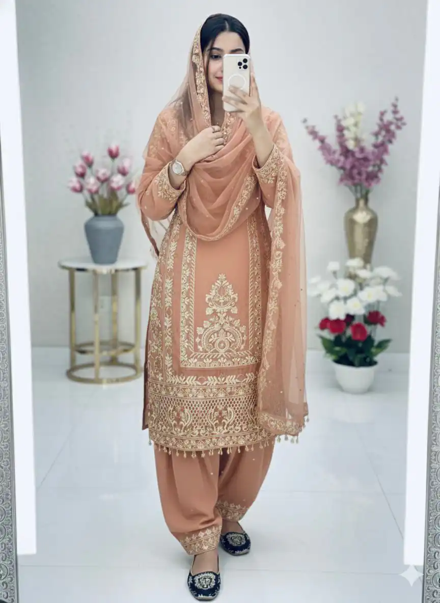 ₹2099 | KF 1716 Peach in Color Faux Georgette Embroidery Work Salwar Suit . Exclusive Offer ₹2099. Delivery 4-6 Working Days. Shop now. | Jump Suits, Tops & Bottoms, Track Suits, Salwar suit, Casual Suits, Creative suits, Designer Suits, Palazzo Suits, Party Wear Suits, Patiala Suits, Straight Suits, Trendy Wear