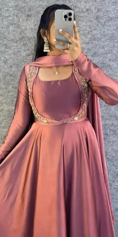 ₹1649 | MF 888 Peach Rangoli Silk Gown with Lace Border & Lace Work. Available at ₹1649 only. Delivery 4-6 Working Days. Shop now. | Gowns, Bollywood Gowns, Creative Gowns, Designer Gowns, Embroidered Gowns, Party Wear Gowns