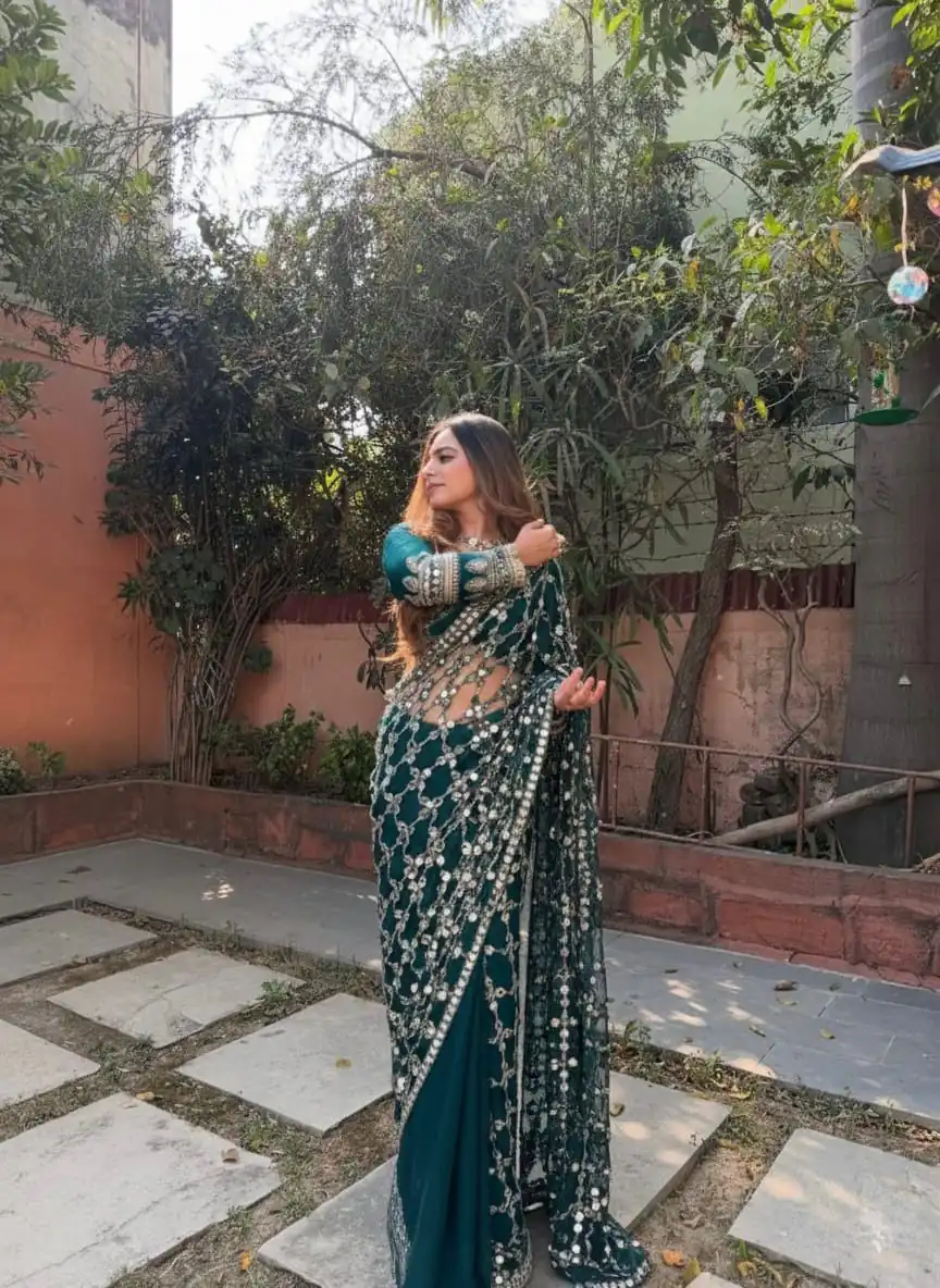 ₹2499 | SRK 5322 Peacock Blue Fendy Silk Saree Lace Work & Mirror Work. Wedding, Party, Festive, Events, Festive Deal ₹2499. Delivery 4-6 Working Days. Shop now. | Sarees, Bollywood Sarees, Creative Sarees, Designer Sarees, Embroidered Sarees, Ethnic Saree, Modern Digital sarees, Party Wear Sarees