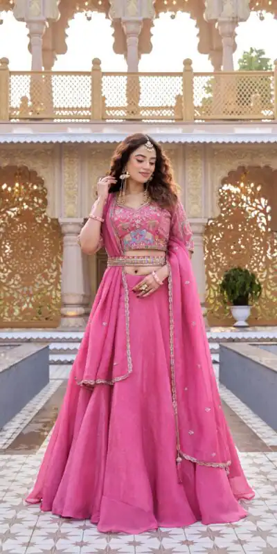 ₹3199 | Ram 160 Pink Color Crunchy Lehenga Choli with Embroidery Work. Online Festive Deal ₹3199. Delivery 4-6 Working Days. Shop now. | Lehenga, Bollywood Lehenga, Creative Lehenga, Designer Lehenga, Embroidered Lehenga, Party Wear Lehenga