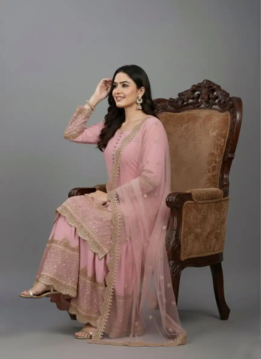 ₹2099 | ZF 250 Pink Color Faux Georgette Embroidery Sequence Work Sharara Suit Wedding, Party, Festive, Events Etc. Expected Delivery 4-6 Working Days @2099/- | Jump Suits, Salwar suit, Casual Suits, Creative suits, Designer Suits, Palazzo Suits, Party Wear Suits, Patiala Suits, Straight Suits