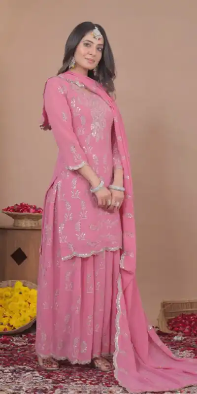 ₹2149 | FE 125 Pink Color Georgette Salwar Suit with Embroidery Work. Introductory Price ₹1999. Delivery 4-6 Working Days. Shop now. | Jump Suits, Salwar suit, Casual Suits, Creative suits, Designer Suits, Palazzo Suits, Party Wear Suits, Patiala Suits, Straight Suits