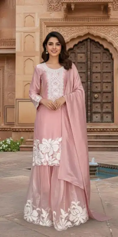 ₹2049 | BE 442 Pink Organza Silk Salwar Suit with Embroidery Work & Cowrie Work. Grab it for ₹2049. Delivery 4-6 Working Days. Shop now. | Jump Suits, Salwar suit, Casual Suits, Creative suits, Designer Suits, Palazzo Suits, Party Wear Suits, Patiala Suits, Straight Suits