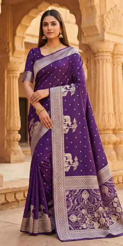 ₹1899 | MB 25 GAJRAJ Purple in Pure Banarasi Silk Zari Work & Lace Work Saree . Introductory Price ₹1899. Delivery 4-6 Working Days. Shop now. | Sarees, Bollywood Sarees, Creative Sarees, Designer Sarees, Embroidered Sarees, Ethnic Saree, Modern Digital sarees, Party Wear Sarees