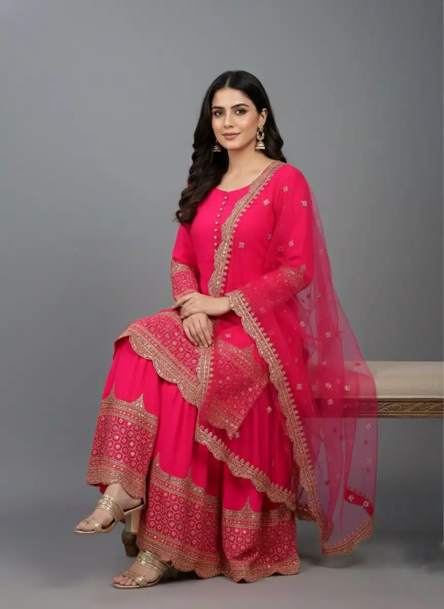₹2099 | ZF 250 Rani Pink Color Faux Georgette Embroidery Sequence Work Sharara Suit Wedding, Party, Festive, Events Etc. Expected Delivery 4-6 Working Days @2099/- | Jump Suits, Salwar suit, Casual Suits, Creative suits, Designer Suits, Palazzo Suits, Party Wear Suits, Patiala Suits, Straight Suits