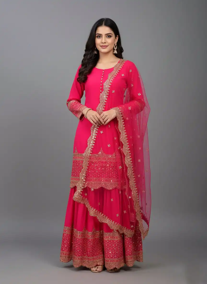 ₹2099 | ZF 250 Rani Pink Color Faux Georgette Embroidery Sequence Work Sharara Suit Wedding, Party, Festive, Events Etc. Expected Delivery 4-6 Working Days @2099/- | Jump Suits, Salwar suit, Casual Suits, Creative suits, Designer Suits, Palazzo Suits, Party Wear Suits, Patiala Suits, Straight Suits